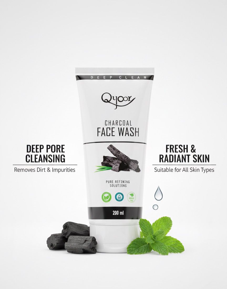 Qyoor Activated Charcoal Face Wash for Oily Skin 200ml | Controls Oil & Removes Dirt & Blackheads | Fights Pollution, Reduces Acne & Pimples For a Clearer & Smoother Skin